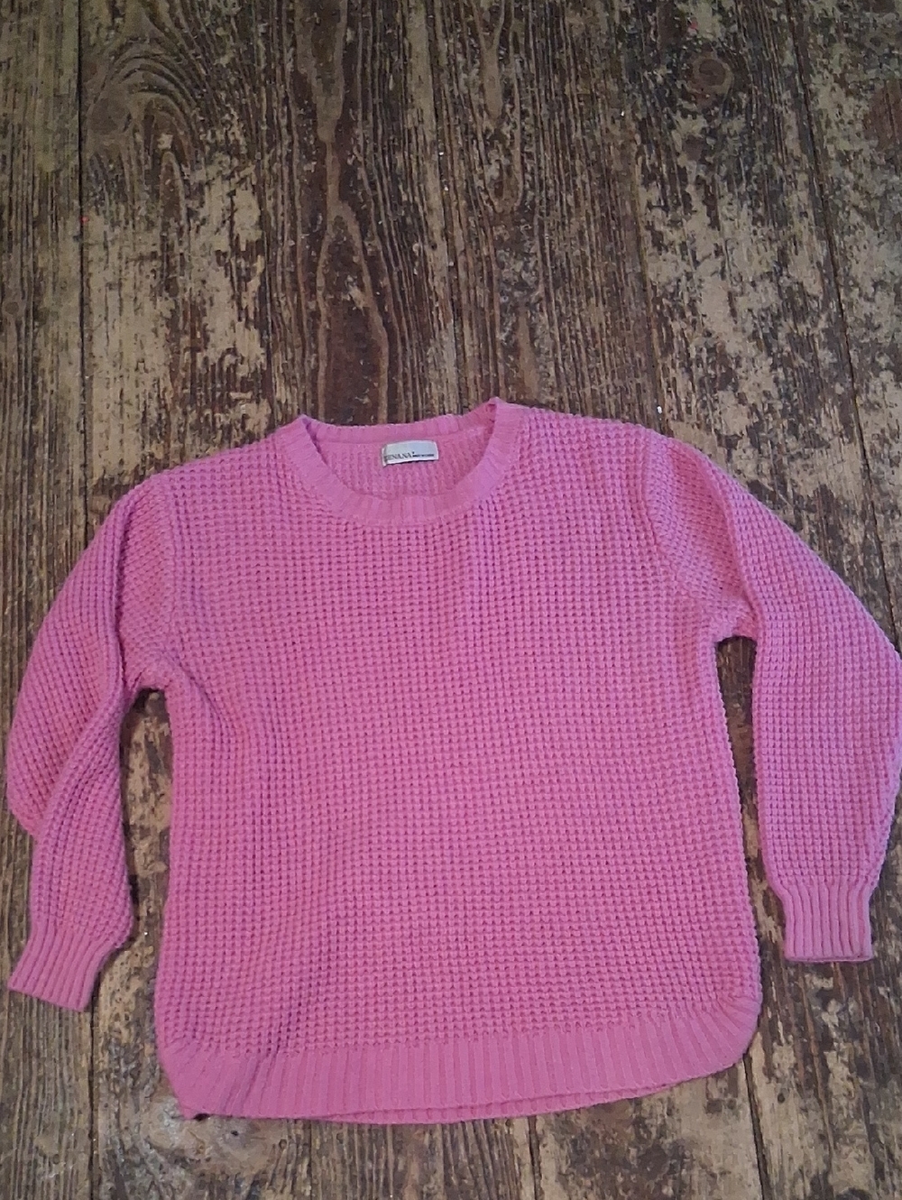 Waffle-Knit Crewneck Sweater in Hot Pink